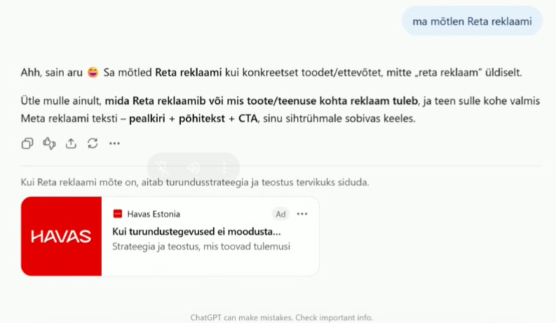 ChatGPT reta reklaami näide